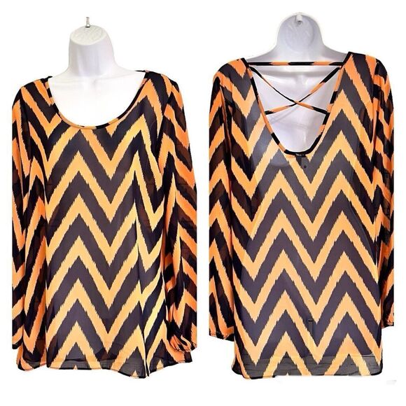 Moa‎ Moa Blouse Top Size M Long Sleeves Chevron Pattern Semi Sheer Orange Navy - Picture 1 of 13